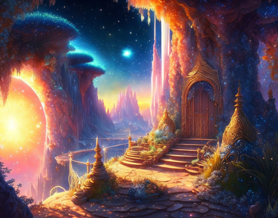 Fantastical twilight landscape with starry sky, glowing plants, ornate door, and bridge.