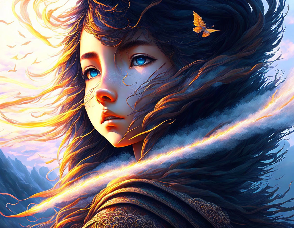 Detailed digital artwork: Young girl with flowing hair, fur clothing, butterfly, vivid mystical background