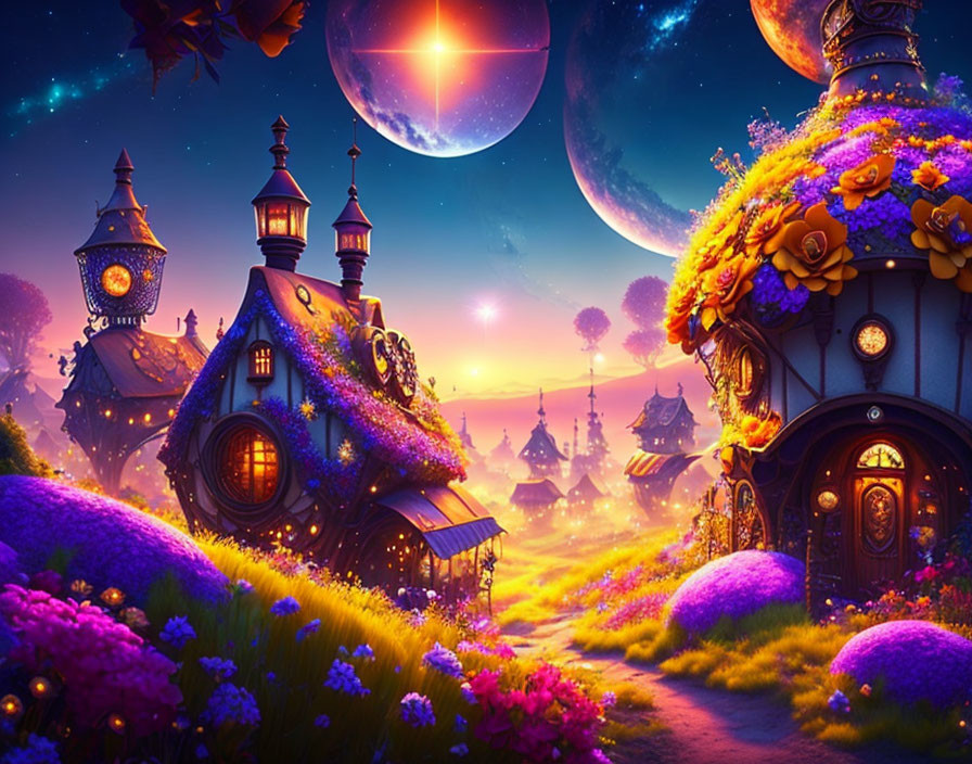 Vibrant flowers and whimsical houses in twilight landscape