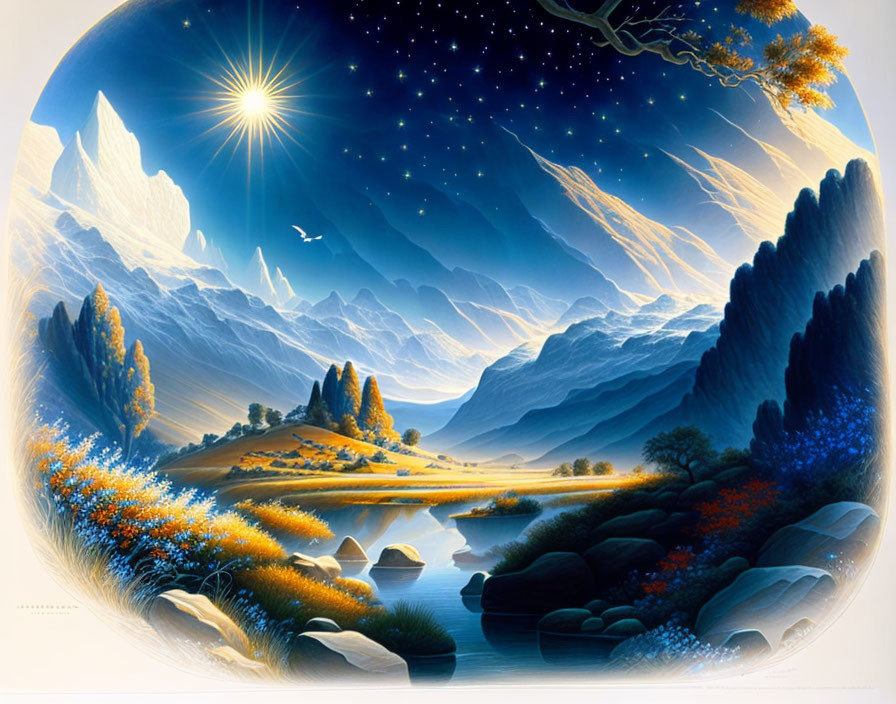 Surreal landscape with star, mountains, lake, flora, day-night blend