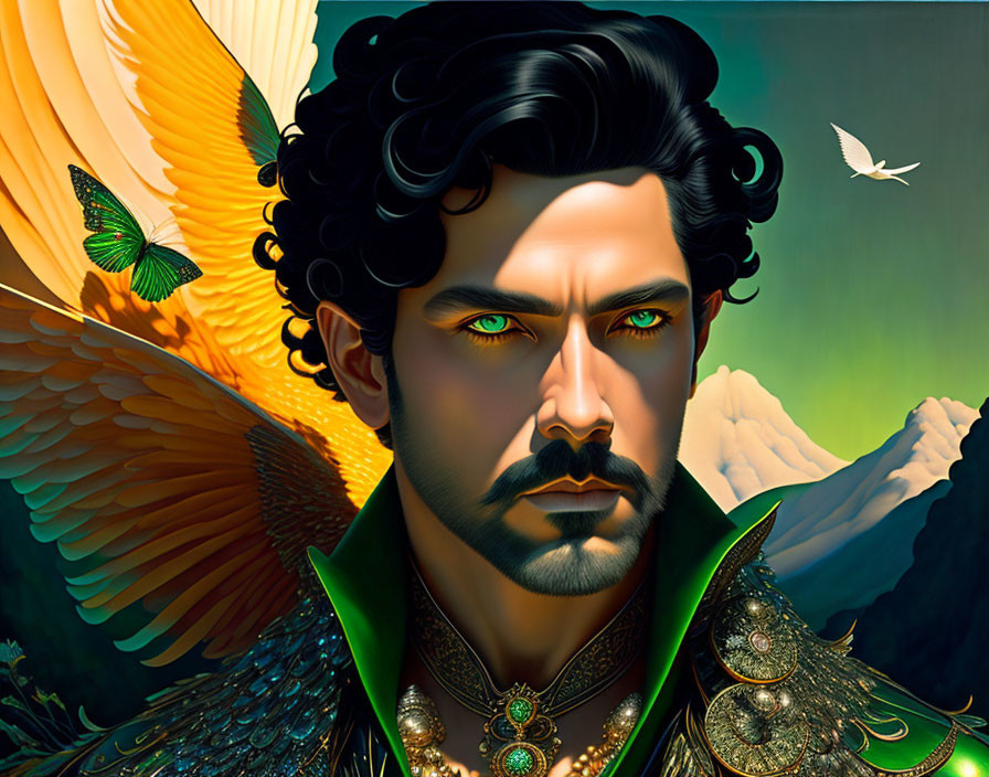 Man with Black Hair and Wings in Green Cloak Surrounded by Nature