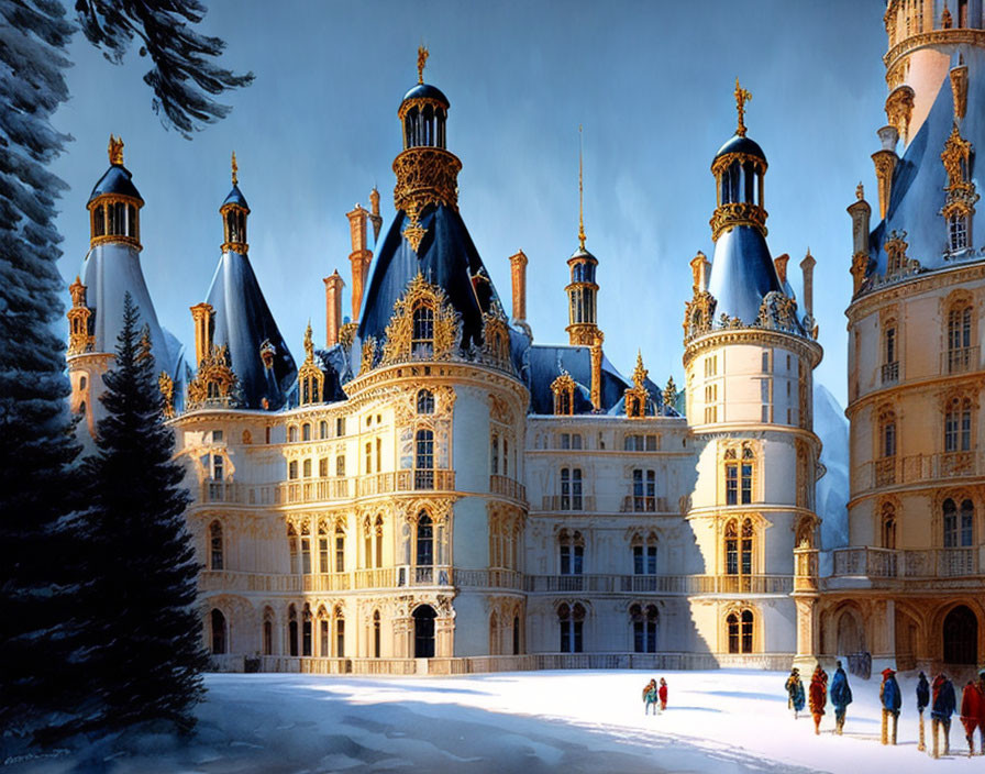 Majestic snow-covered castle with spires, surrounded by trees and people walking.