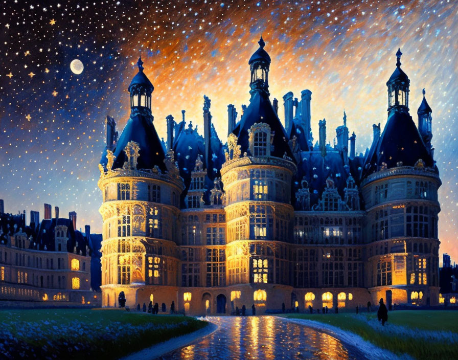 Ornate castle at night with moonlit sky & water