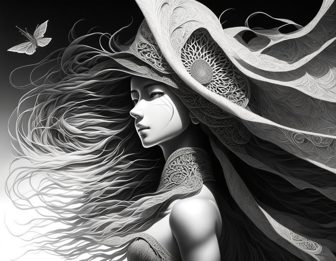 Monochrome digital art of woman with flowing hair and lace patterns