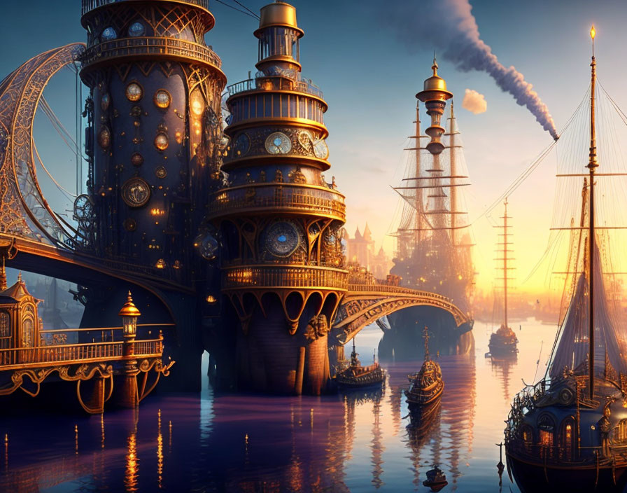 Steampunk cityscape with ornate towers and airships at sunset