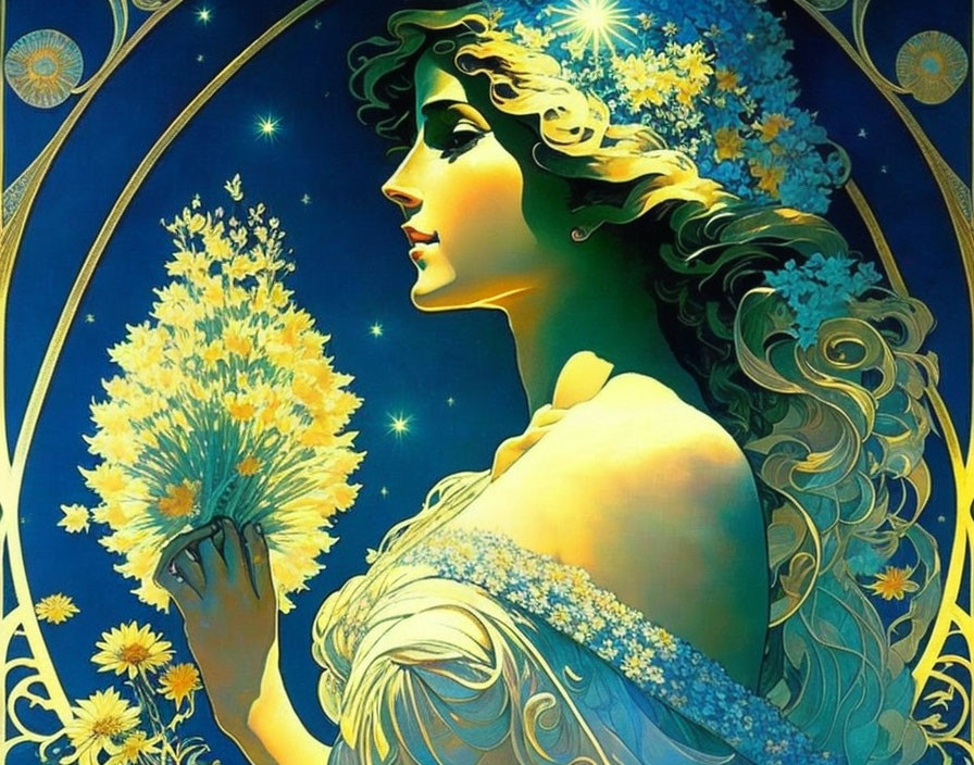 Stylized woman with flowing hair holding bouquet in blue, gold, and green palette