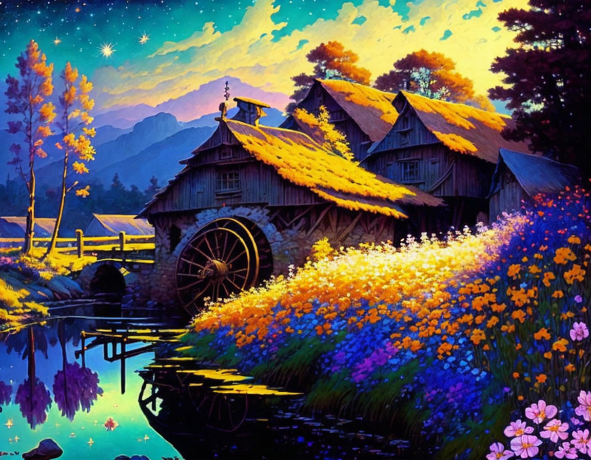 Charming cottage with waterwheel, stream, and starlit sky