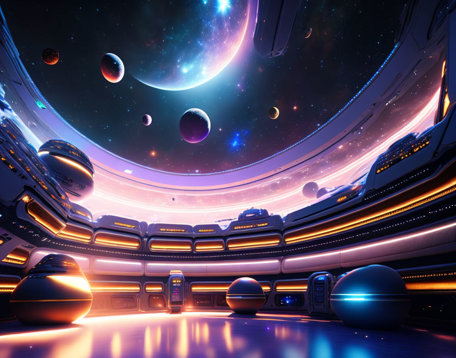 Futuristic spaceship interior with large cosmic viewport