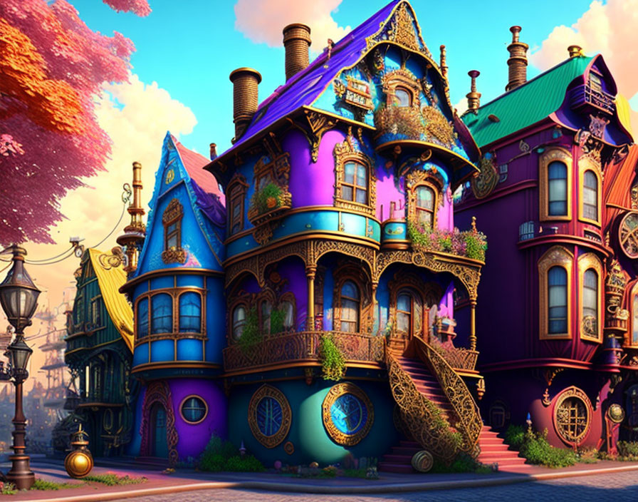 Whimsical digital artwork: Vibrant Victorian house against sunset sky