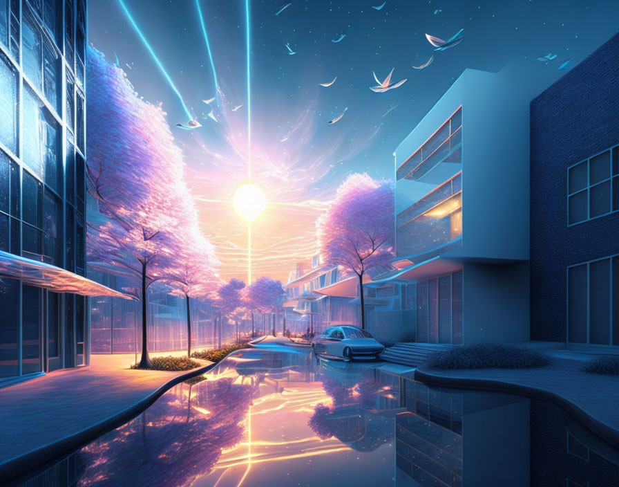 Futuristic cityscape at sunset with glowing trees and flying vehicles