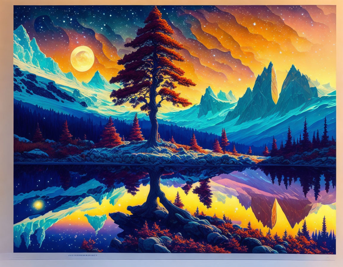 Night landscape artwork: full moon, mountains, lone tree, colorful sky, reflective lake