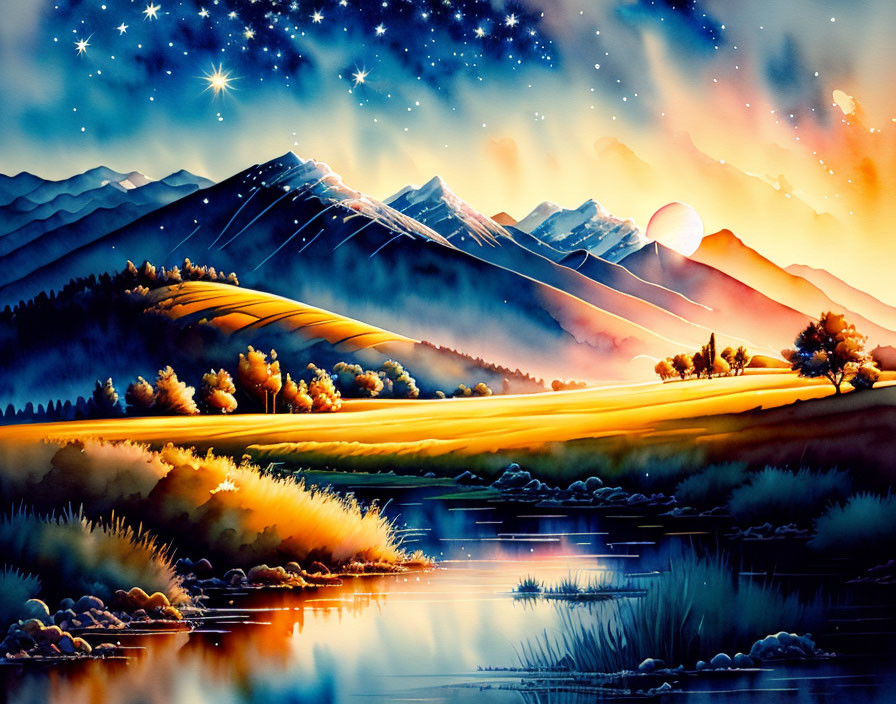 Mountain landscape painting with starry sky, setting sun, lake, and trees