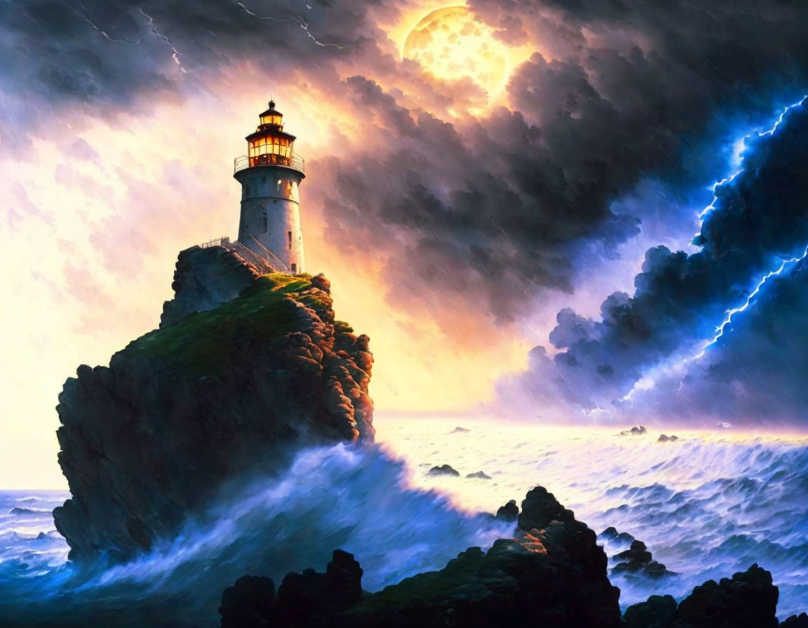 Stormy seascape with lighthouse on cliff, crashing waves, lightning, full moon.