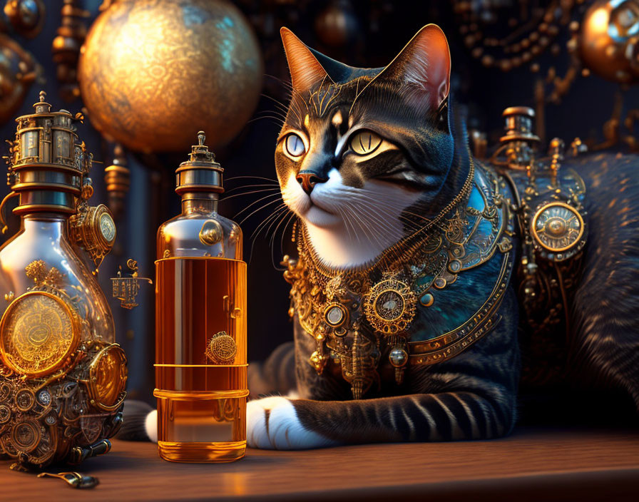 Steampunk-Inspired Cat with Mechanical Ornaments and Globes