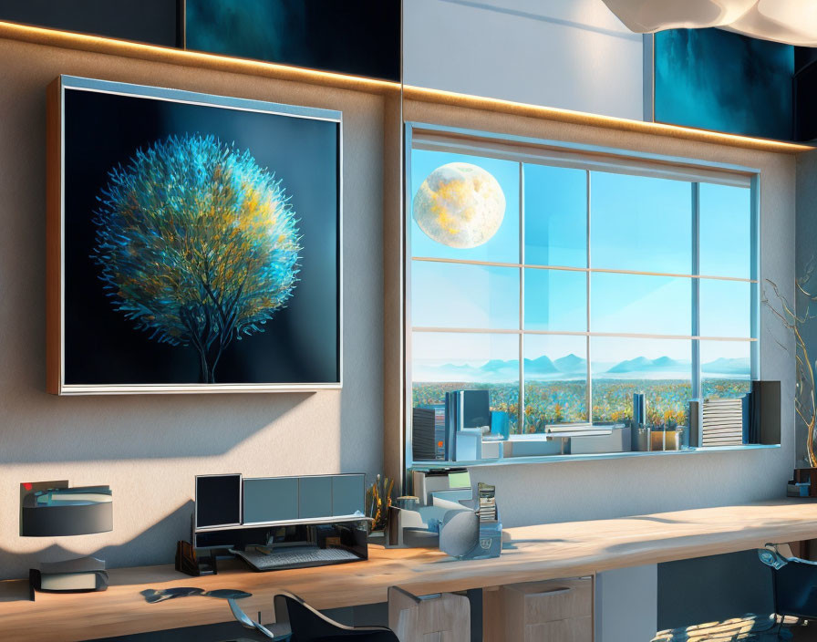 Contemporary office with mountain view, moonlit sky, glowing tree art, and sleek desk.