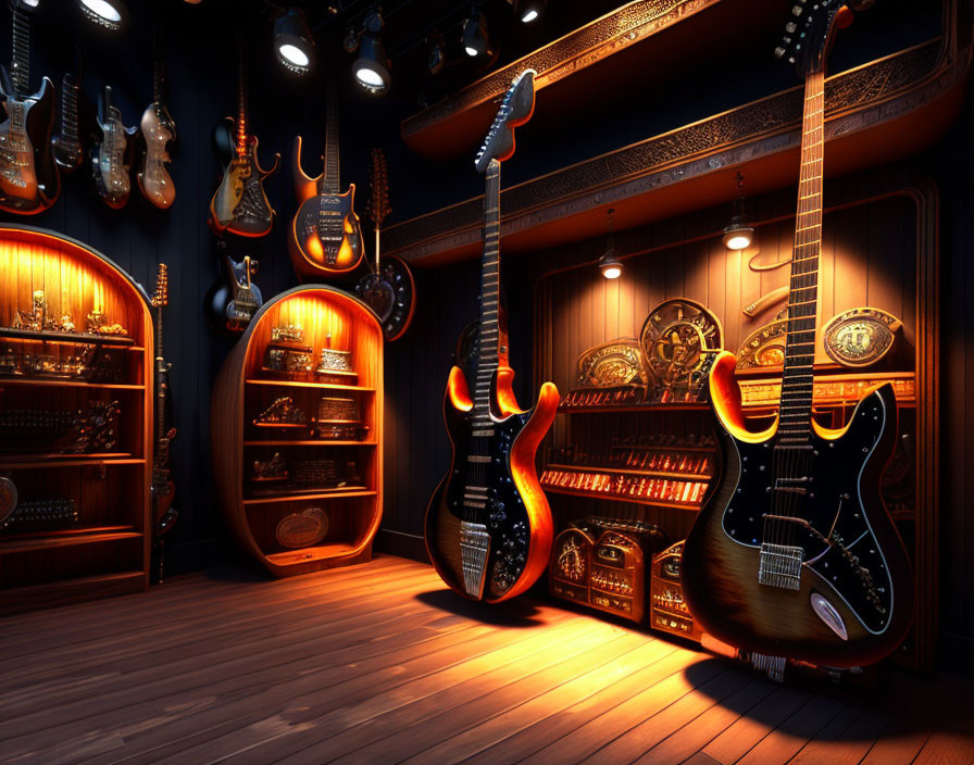 Music room with electric guitars, ambient lighting, and vintage amplifiers