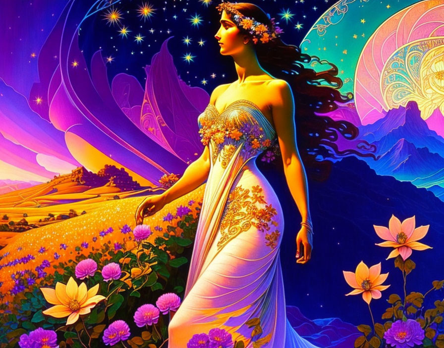 Colorful Woman with Flower Adornments in Fantasy Landscape