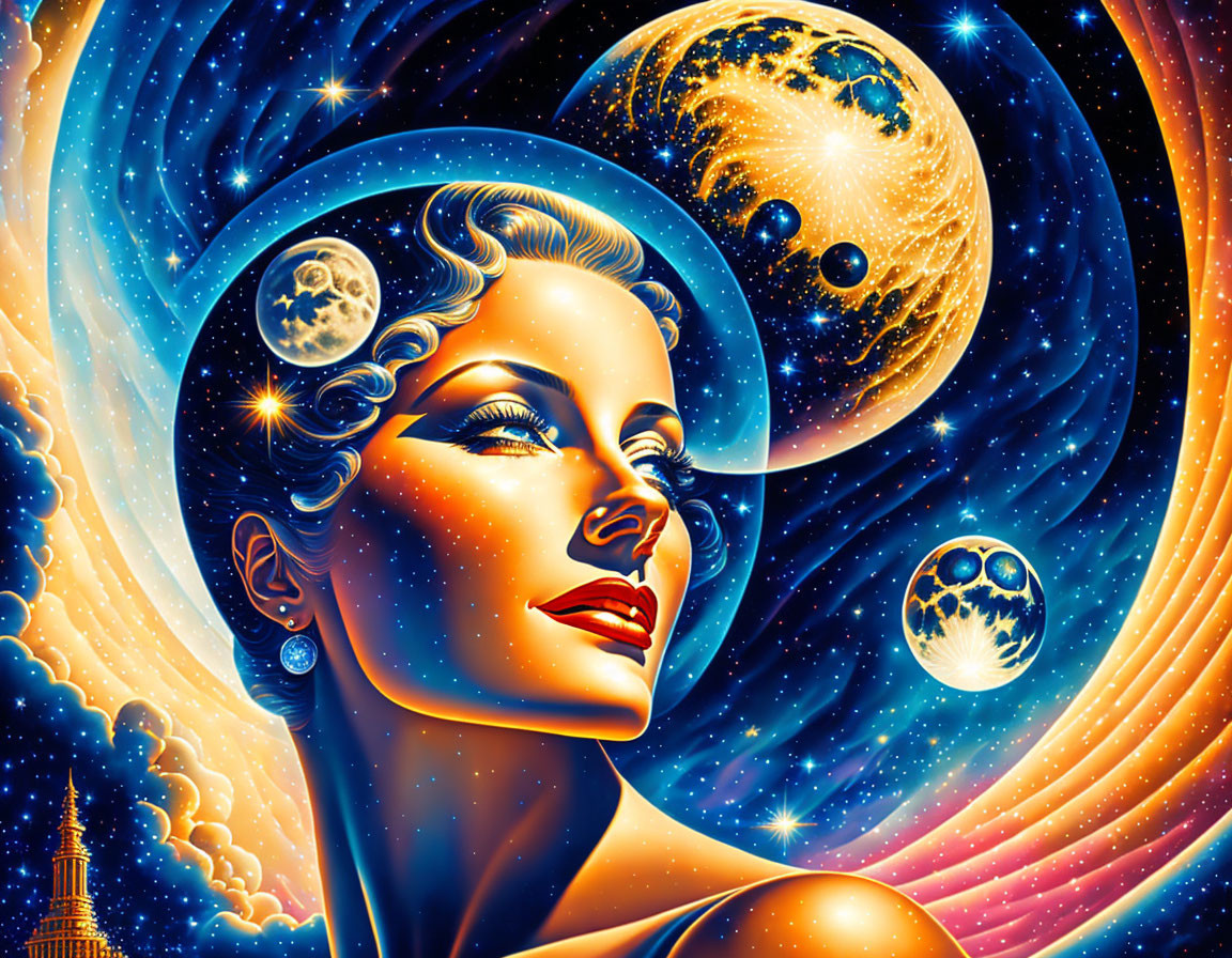 Woman's profile illustration with cosmic features and planet earrings.