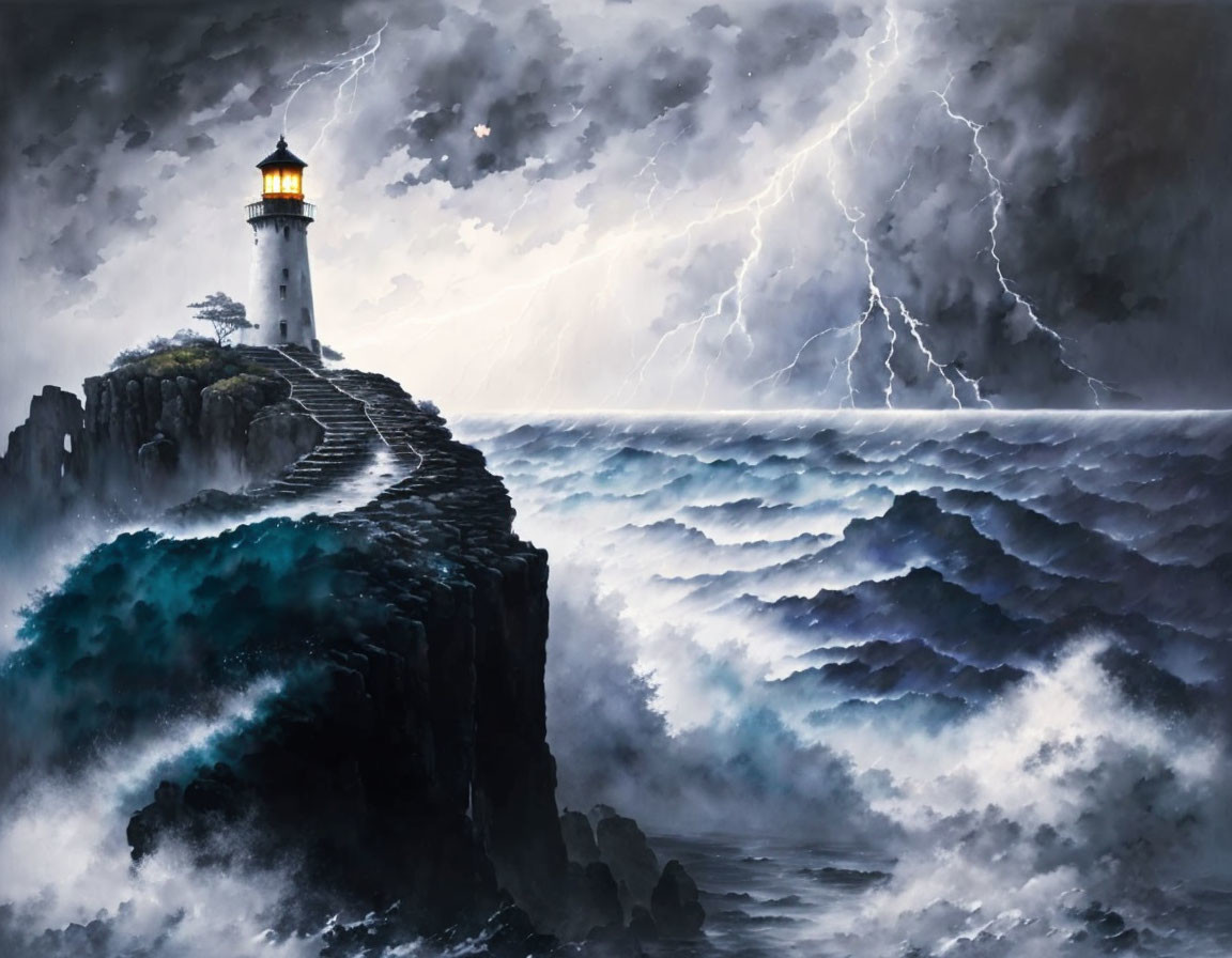 Stormy sea lighthouse on rocky cliff with lightning and turbulent clouds