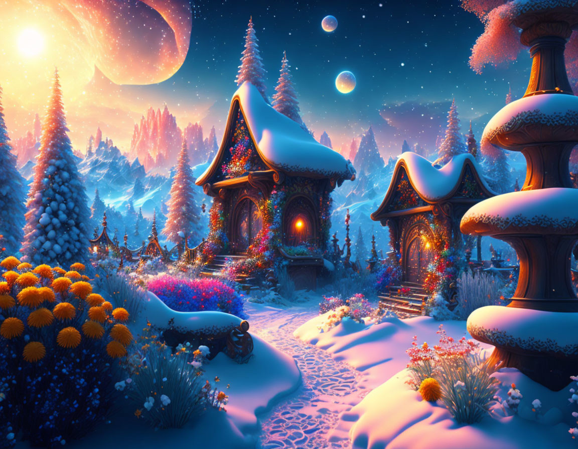 Snow-covered fantasy cottages in whimsical winter scene