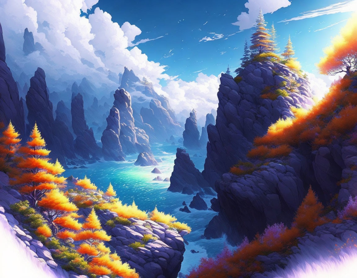 Vibrant fantasy landscape with rocky cliffs, blue ocean, autumn trees, cloudy sky