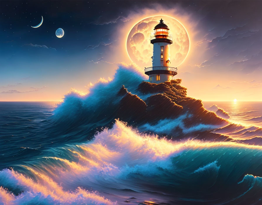 Lighthouse on craggy cliff with crashing waves under night sky