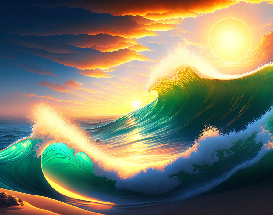 Colorful digital artwork of wave under sunset sky with orange clouds.