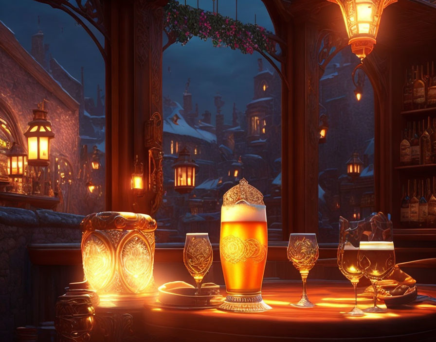 Tavern window with lantern, candlelit ambiance, beer, and twilight village view