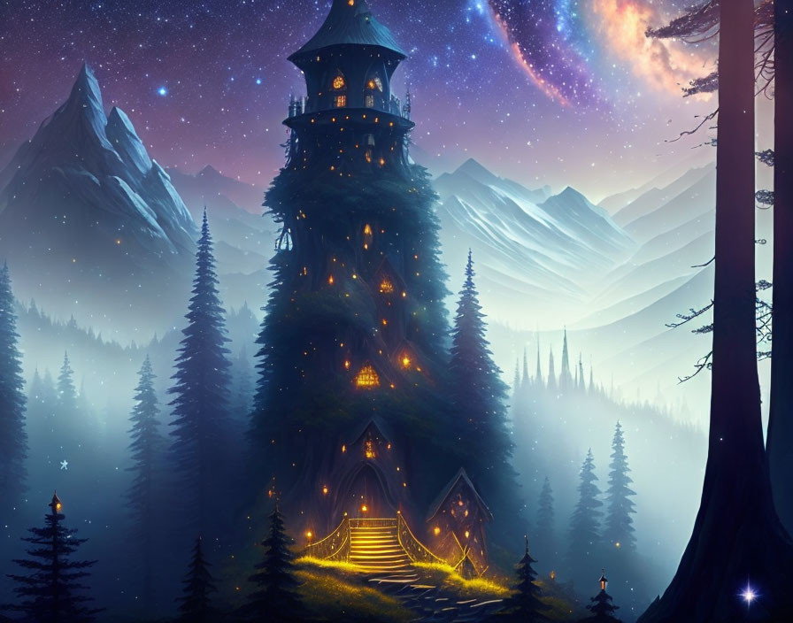 Fantasy tower illuminated in misty night scene