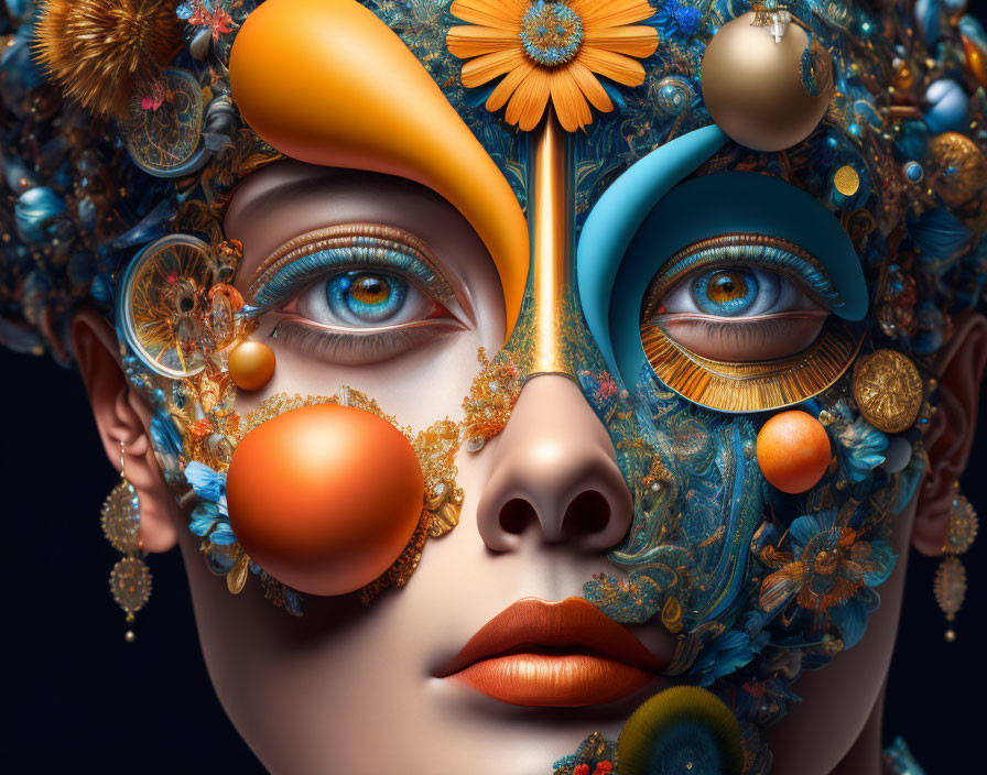 Colorful surreal flower mask on woman's face with blue eyes