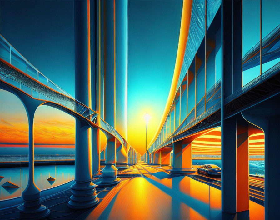 Futuristic bridge digital artwork with glowing sunset colors