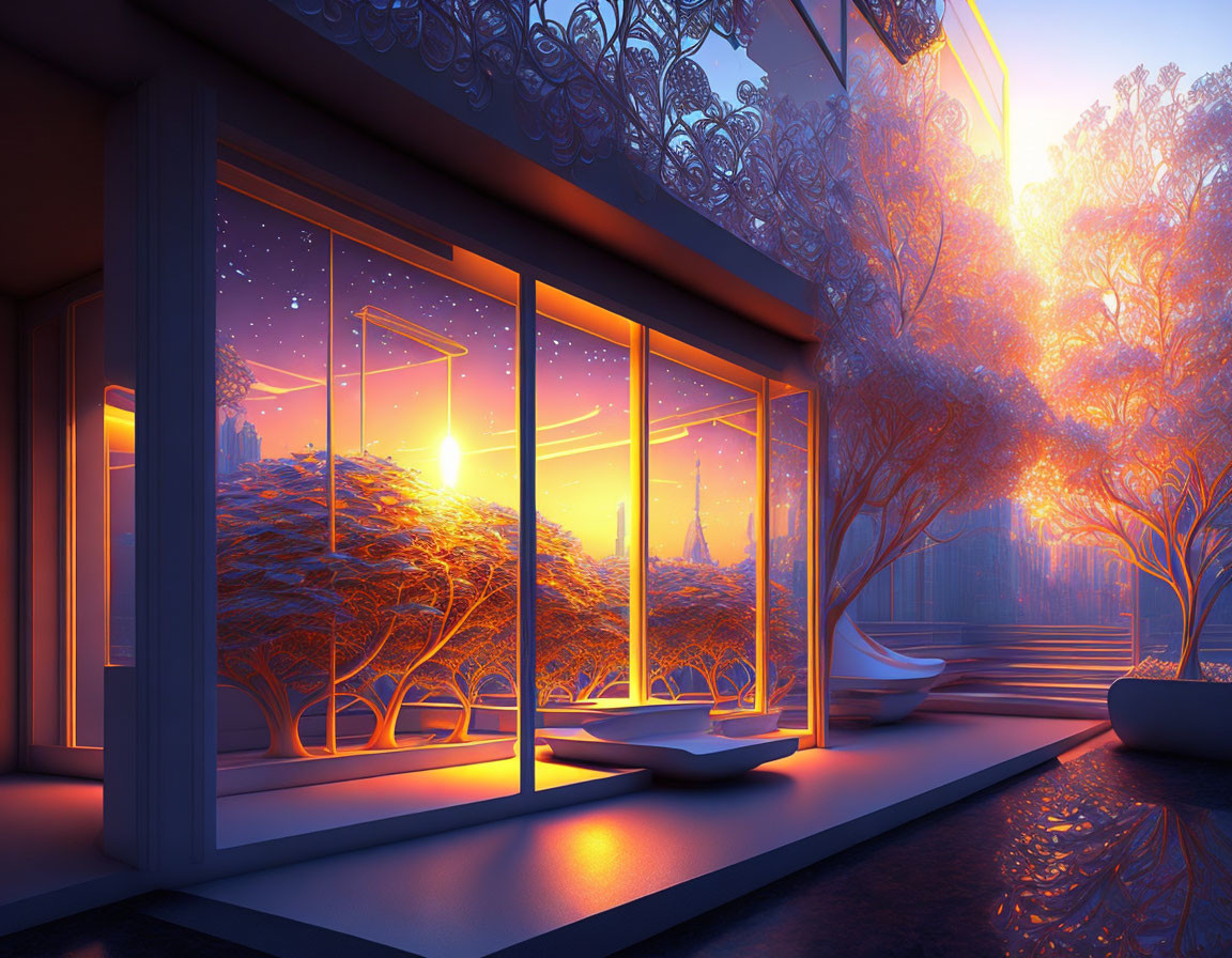 Modern architecture frames vibrant sunset view through large windows