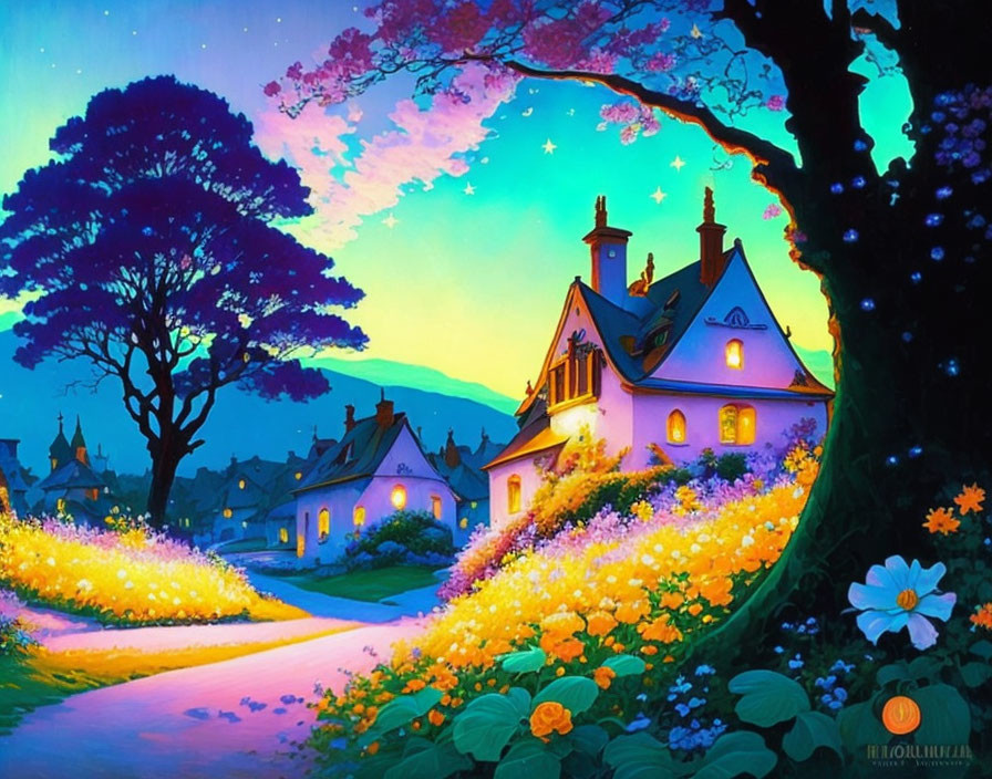 Whimsical cottage illustration at twilight with glowing windows