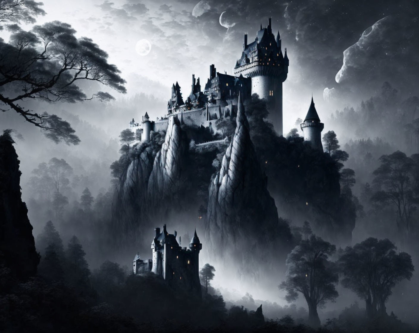 Moonlit fantasy landscape with towering castle and misty forests