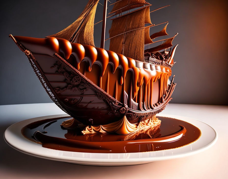 Chocolate ship melting on white plate against neutral background