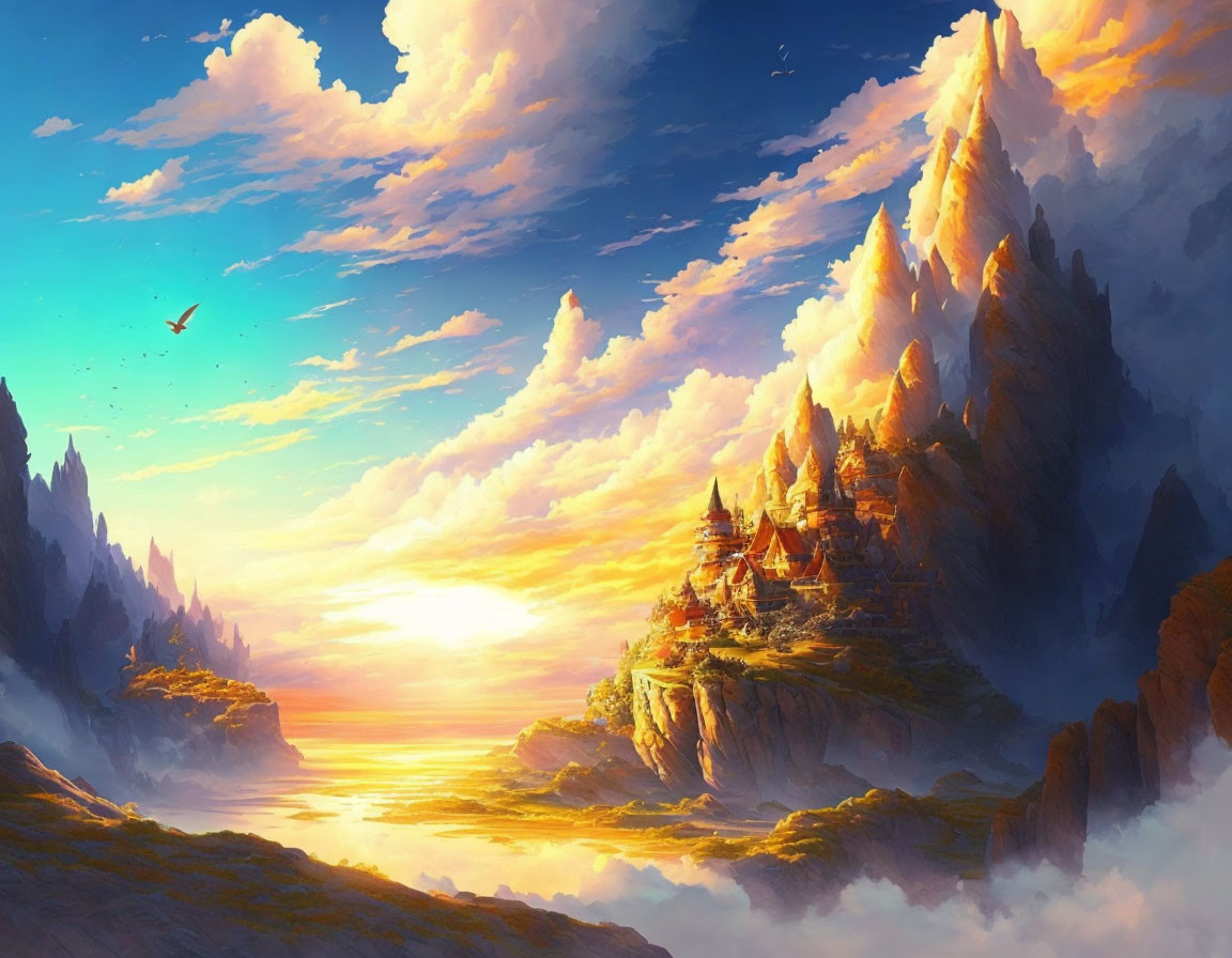 Fantasy landscape with mountains, castle, clouds, sunset, and bird