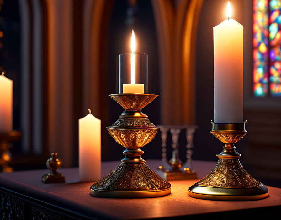 Three lit candles in ornate holders on dark wooden surface with stained glass window