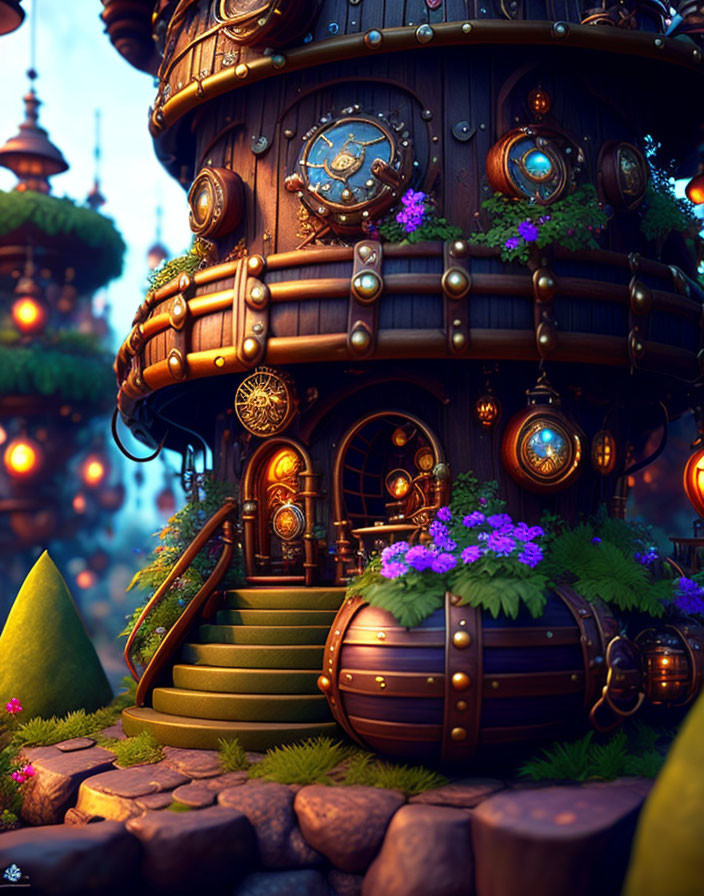 Whimsical multi-level treehouse with gears, round doors, purple flowers, and glowing lanterns