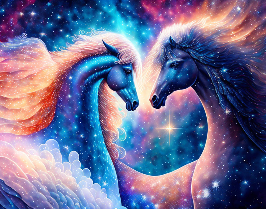 Mystical blue horses in cosmic setting with flowing manes