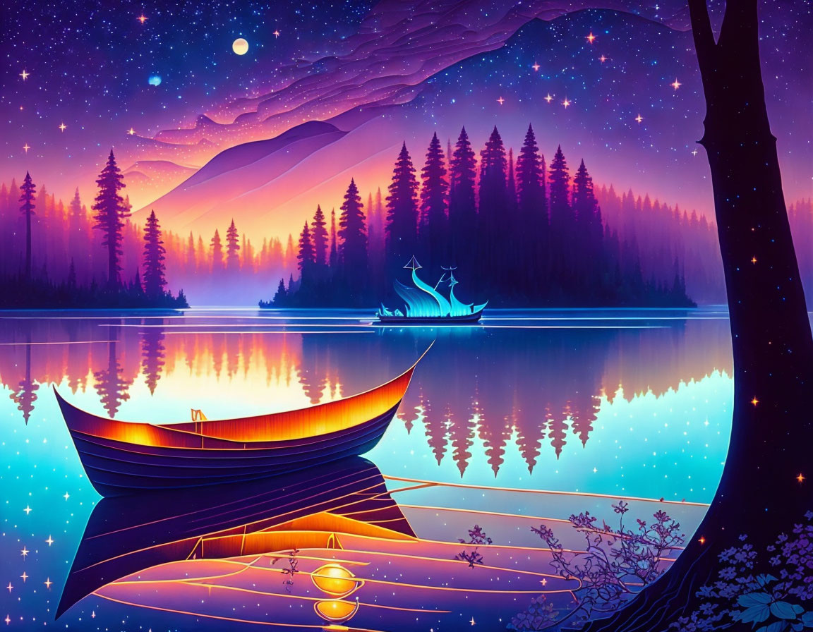 Illustration of serene nighttime lake scene with boat, trees, stars, and glowing lanterns under purple