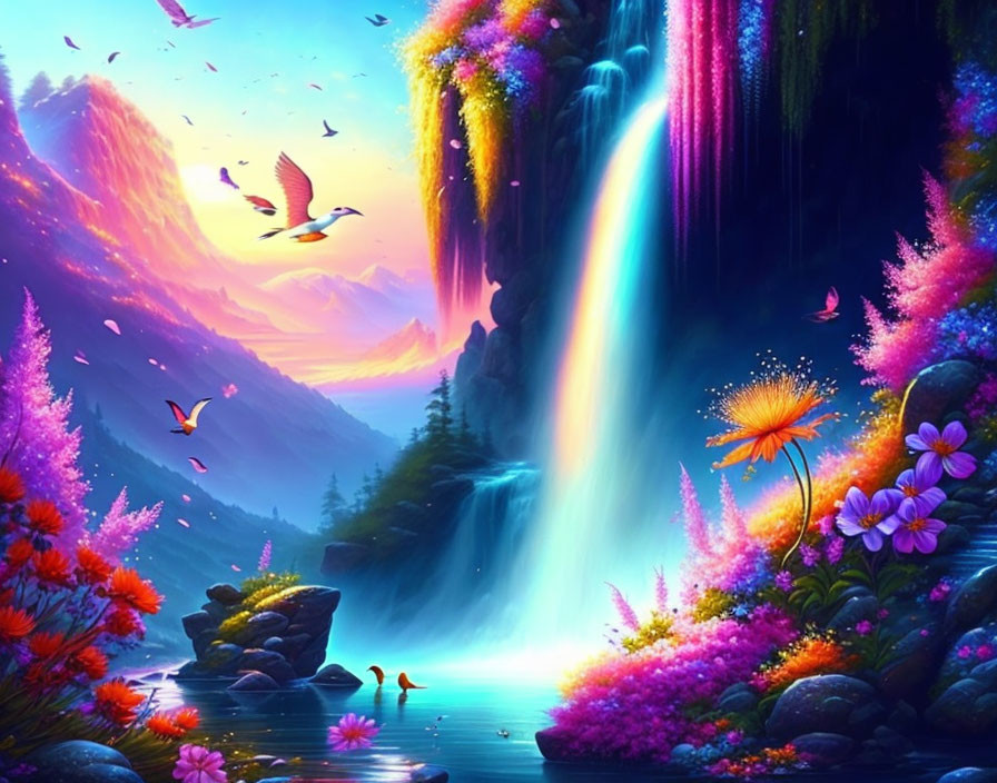 Colorful Fantasy Landscape with Waterfall, Flora, Birds, and Sunset Sky