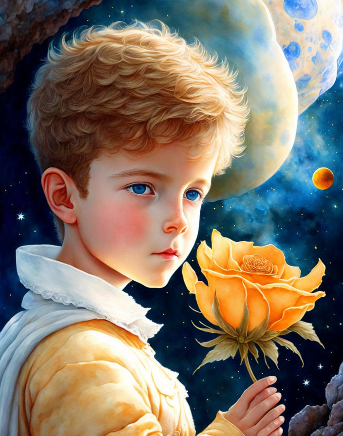 Young boy with curly hair holding orange rose against cosmic backdrop