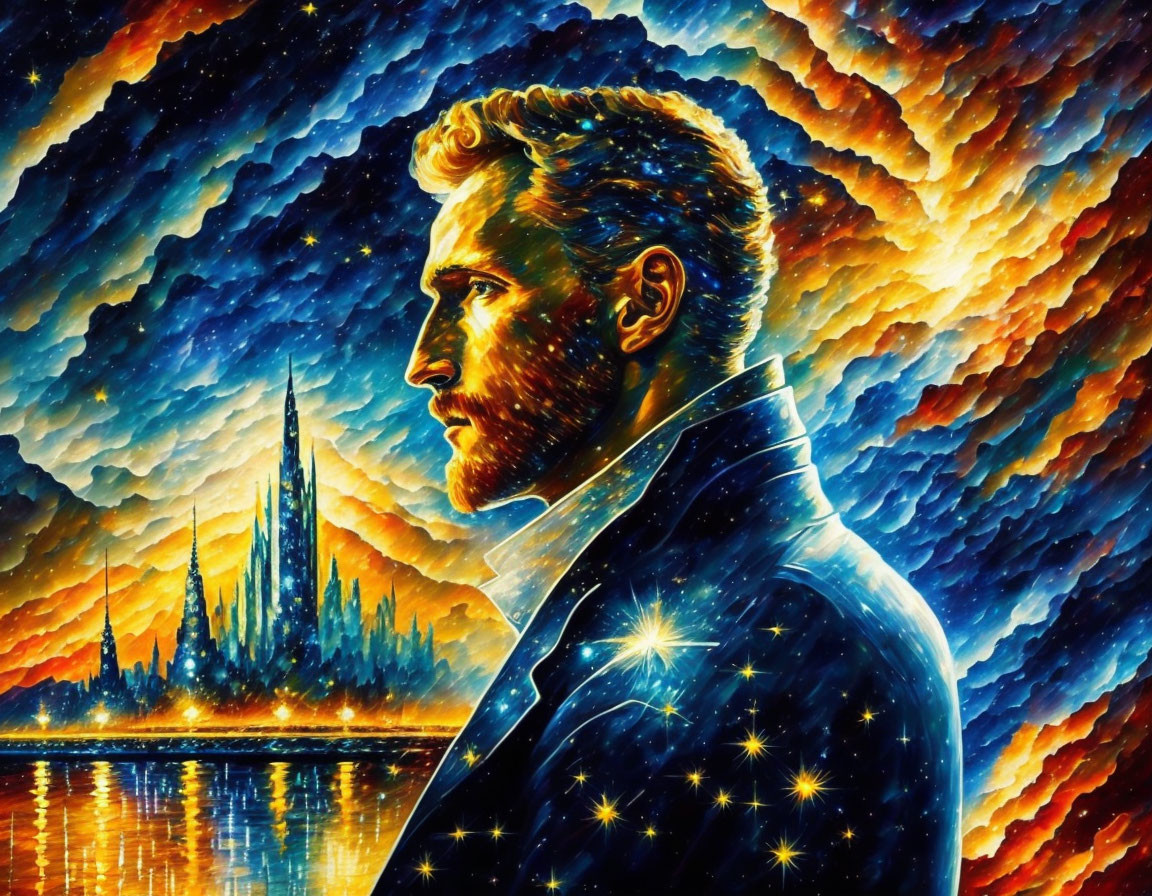 Colorful painting of a man in a suit under a cosmic sky and futuristic cityscape.