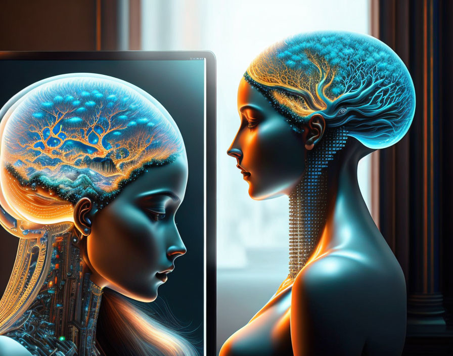 Female figure side view with vibrant tree-like brain and circuitry in mirrored head