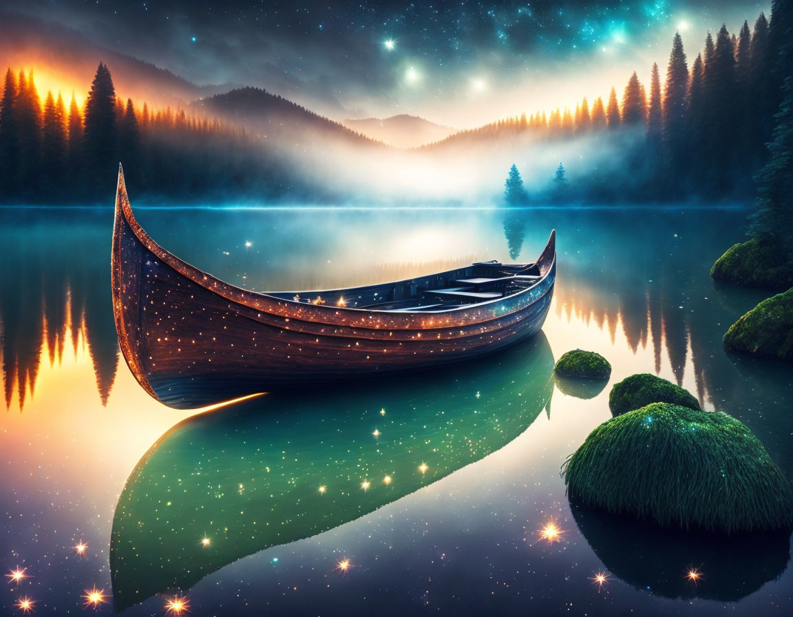 Tranquil lake scene with wooden canoe in misty waters at twilight forest edge