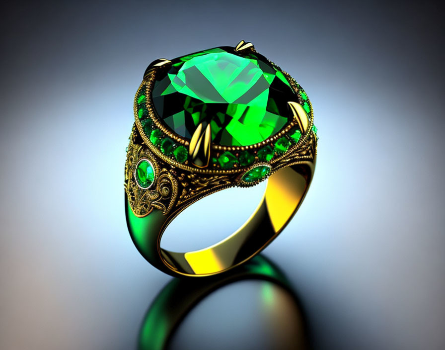 Intricate gold ring with large green gemstone and engravings