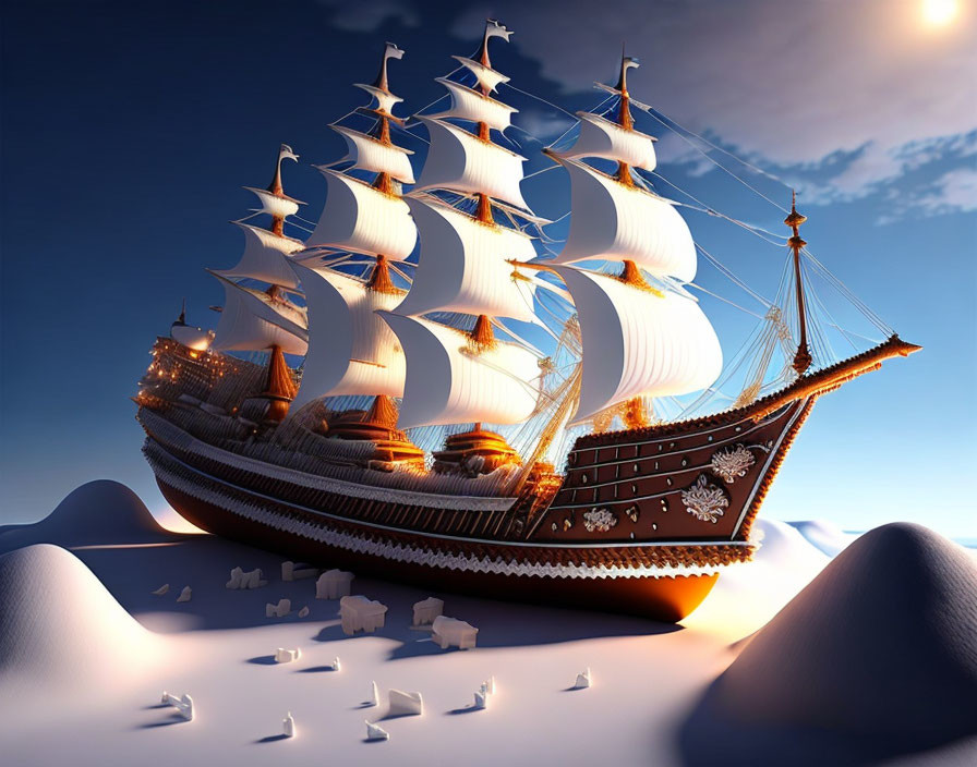 Tall ship with multiple sails in icy landscape with polar bear figures