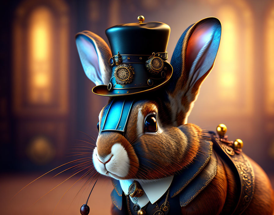 Steampunk-style rabbit with top hat and goggles in warm lighting