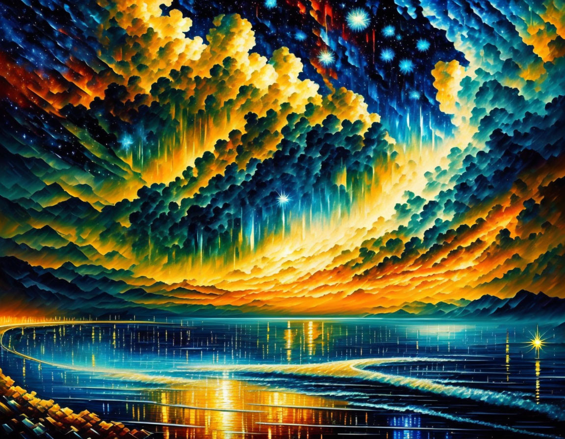 Colorful cosmic scene with cloud-like formations over reflective water