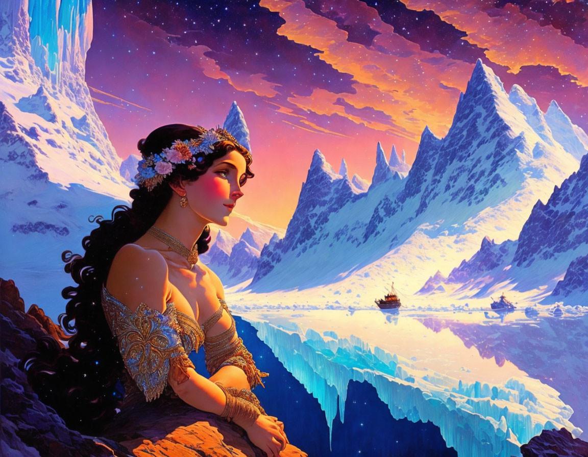 Fantasy illustration of woman with floral headpiece in surreal landscape